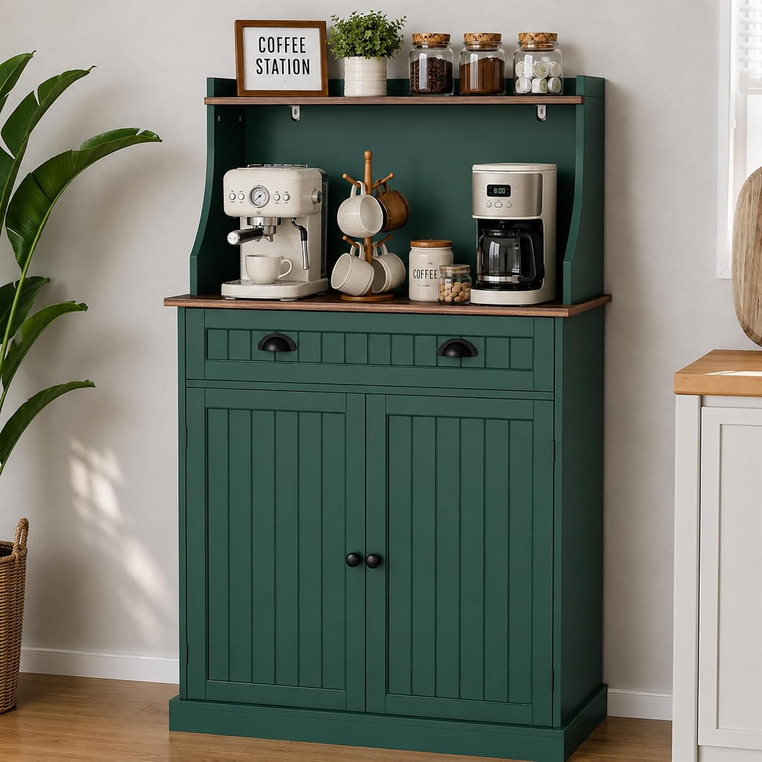 Kitchen Appliances Green - Farmhouse‑Style Green Microwave Storage Cabinet with